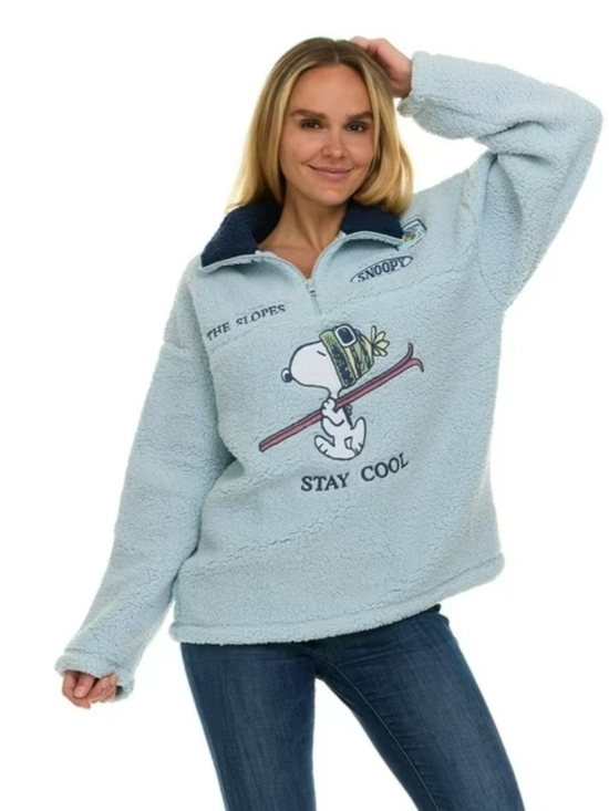 Peanuts Sweaters - Peanuts Women "Stay Cool" Light Blue Sherpa Pullover  L